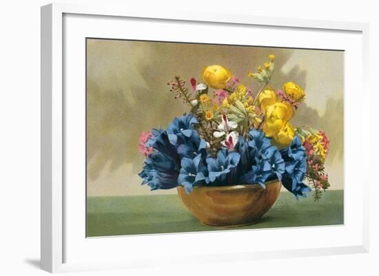 Yellow Ranunculus and Bluebells-null-Framed Art Print