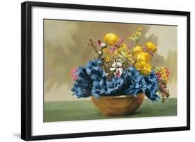 Yellow Ranunculus and Bluebells-null-Framed Art Print