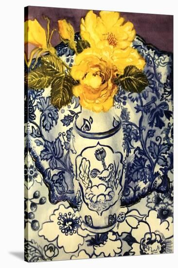 Yellow Roses in a Blue and White Vase with Patterned Blue and White Textiles-Joan Thewsey-Stretched Canvas