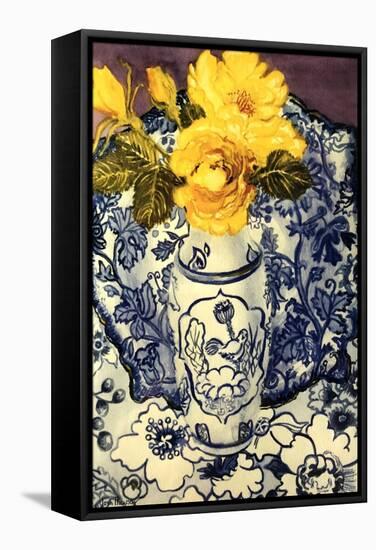 Yellow Roses in a Blue and White Vase with Patterned Blue and White Textiles-Joan Thewsey-Framed Stretched Canvas