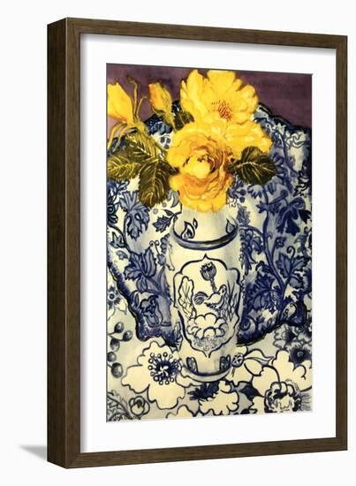 Yellow Roses in a Blue and White Vase with Patterned Blue and White Textiles-Joan Thewsey-Framed Giclee Print