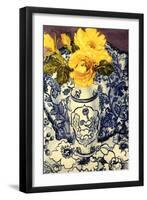 Yellow Roses in a Blue and White Vase with Patterned Blue and White Textiles-Joan Thewsey-Framed Giclee Print