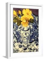 Yellow Roses in a Blue and White Vase with Patterned Blue and White Textiles-Joan Thewsey-Framed Giclee Print