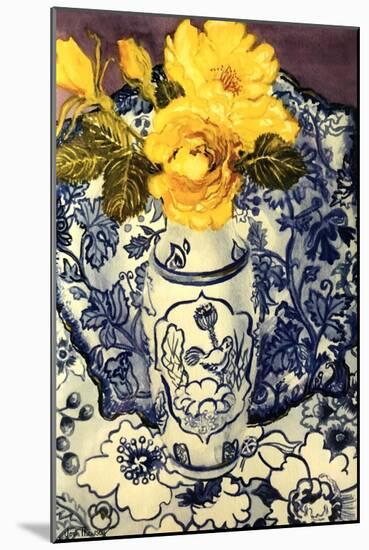 Yellow Roses in a Blue and White Vase with Patterned Blue and White Textiles-Joan Thewsey-Mounted Giclee Print