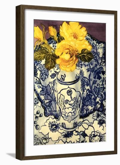 Yellow Roses in a Blue and White Vase with Patterned Blue and White Textiles-Joan Thewsey-Framed Giclee Print