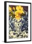 Yellow Roses in a Blue and White Vase with Patterned Blue and White Textiles-Joan Thewsey-Framed Giclee Print