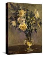 Yellow Roses In Glass Vase-Allayn Stevens-Stretched Canvas