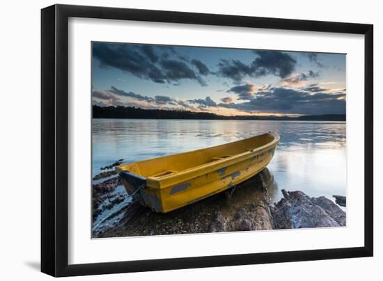 Yellow Rowing Boat on the Shore of a Lake in Bermagui, Australia at Sunset-A Periam Photography-Framed Photographic Print