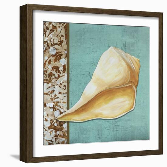 Yellow Seashell - Tan Side Border Teal Crackle Back-Megan Duncanson-Framed Giclee Print