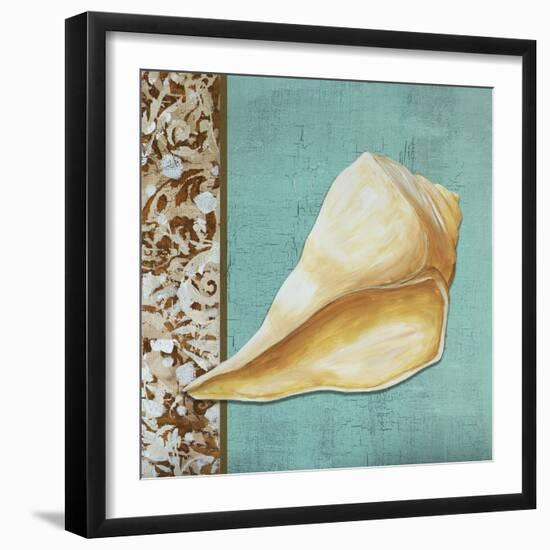 Yellow Seashell - Tan Side Border Teal Crackle Back-Megan Duncanson-Framed Giclee Print