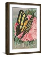 Yellow Swallowtail on Hollyhocks-null-Framed Art Print