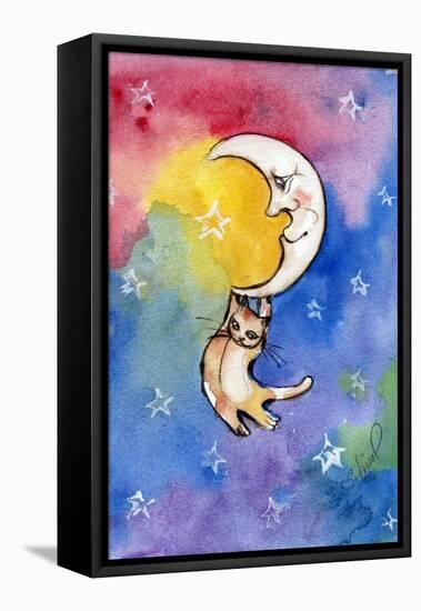 Yellow Tabby Cat Hanging from Moon-sylvia pimental-Framed Stretched Canvas