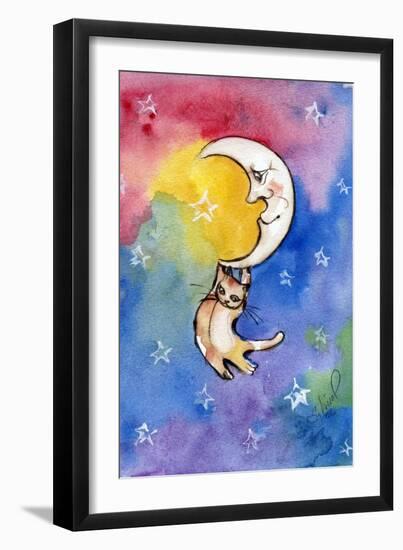 Yellow Tabby Cat Hanging from Moon-sylvia pimental-Framed Art Print