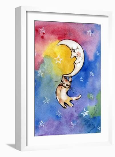 Yellow Tabby Cat Hanging from Moon-sylvia pimental-Framed Art Print