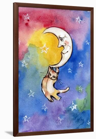 Yellow Tabby Cat Hanging from Moon-sylvia pimental-Framed Art Print