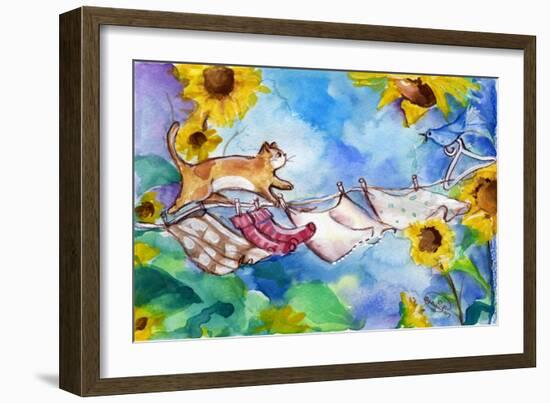 Yellow Tabby Cat Walking on Clothesline-sylvia pimental-Framed Art Print