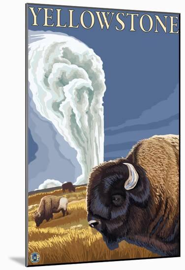 Yellowstone - Bison With Old Faithful-null-Mounted Poster