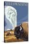 Yellowstone - Bison with Old Faithful-Lantern Press-Stretched Canvas