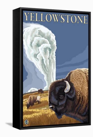 Yellowstone - Bison with Old Faithful-Lantern Press-Framed Stretched Canvas