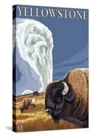 Yellowstone - Bison with Old Faithful-Lantern Press-Stretched Canvas