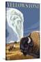 Yellowstone - Bison with Old Faithful-Lantern Press-Stretched Canvas