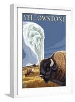 Yellowstone - Bison with Old Faithful-Lantern Press-Framed Art Print