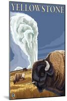 Yellowstone - Bison with Old Faithful-Lantern Press-Mounted Art Print