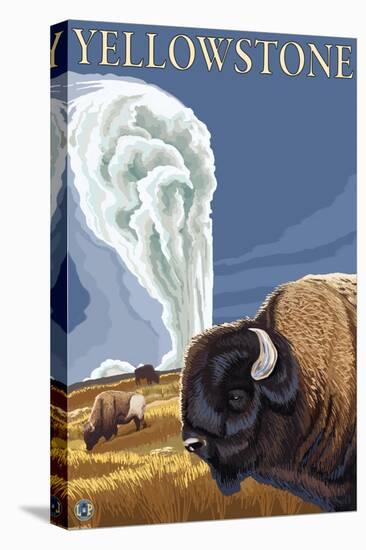 Yellowstone - Bison with Old Faithful-Lantern Press-Stretched Canvas
