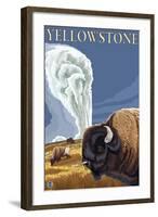 Yellowstone - Bison with Old Faithful-Lantern Press-Framed Art Print