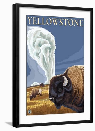 Yellowstone - Bison with Old Faithful-Lantern Press-Framed Art Print