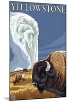 Yellowstone - Bison with Old Faithful-Lantern Press-Mounted Art Print