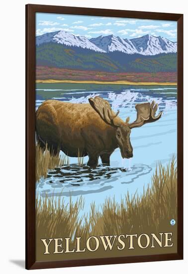 Yellowstone, Montana - Moose Drinking-Lantern Press-Framed Art Print