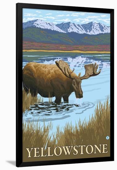 Yellowstone, Montana - Moose Drinking-Lantern Press-Framed Art Print