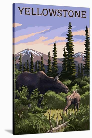 Yellowstone - Moose and Baby-Lantern Press-Stretched Canvas