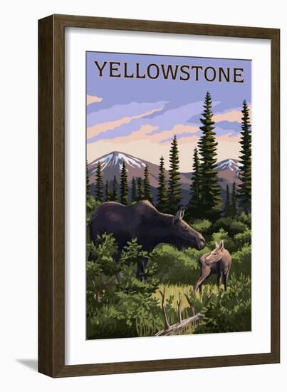 Yellowstone - Moose and Baby-Lantern Press-Framed Art Print