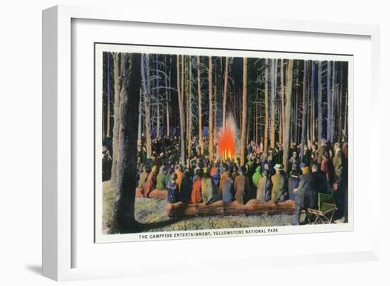 Yellowstone Nat'l Park, Wyoming - Campfire Entertainment Scene-Lantern Press-Framed Art Print