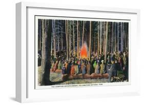 Yellowstone Nat'l Park, Wyoming - Campfire Entertainment Scene-Lantern Press-Framed Art Print