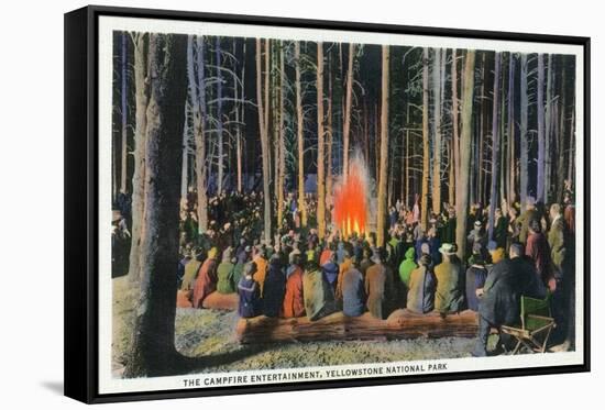 Yellowstone Nat'l Park, Wyoming - Campfire Entertainment Scene-Lantern Press-Framed Stretched Canvas