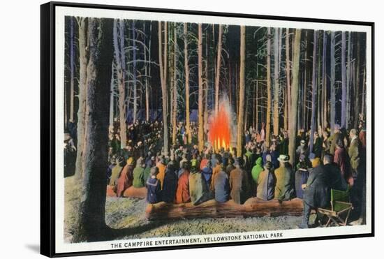 Yellowstone Nat'l Park, Wyoming - Campfire Entertainment Scene-Lantern Press-Framed Stretched Canvas