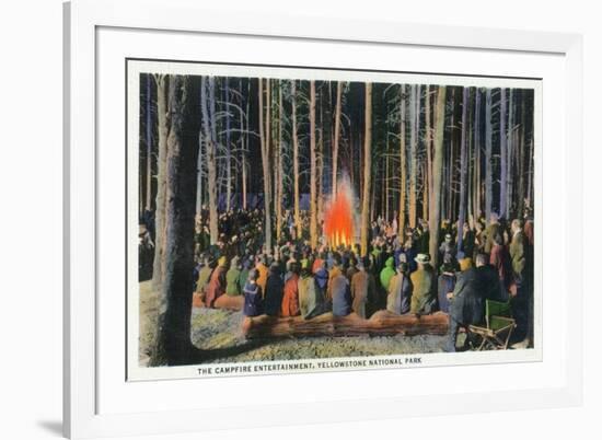 Yellowstone Nat'l Park, Wyoming - Campfire Entertainment Scene-Lantern Press-Framed Premium Giclee Print