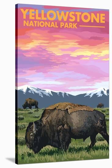 Yellowstone National Park - Bison and Sunset-Lantern Press-Stretched Canvas