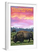 Yellowstone National Park - Bison and Sunset-Lantern Press-Framed Art Print