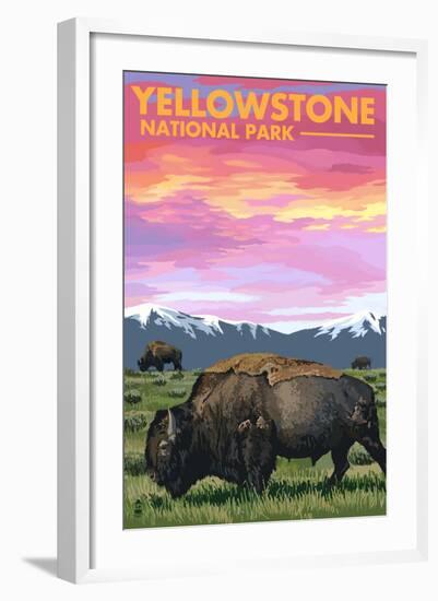 Yellowstone National Park - Bison and Sunset-Lantern Press-Framed Art Print