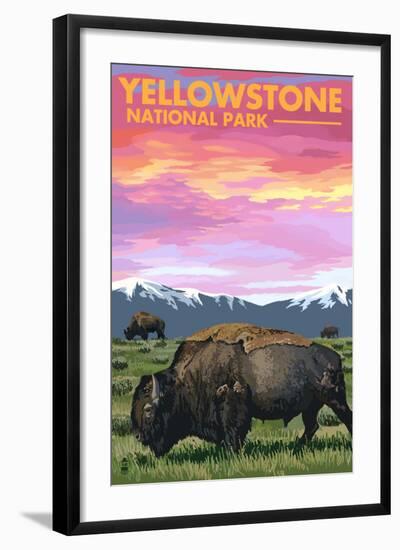 Yellowstone National Park - Bison and Sunset-Lantern Press-Framed Art Print