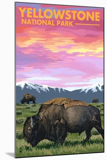 Yellowstone National Park - Bison and Sunset-Lantern Press-Mounted Art Print