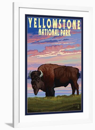 Yellowstone National Park - Bison and Sunset-Lantern Press-Framed Art Print