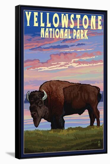 Yellowstone National Park - Bison and Sunset-Lantern Press-Framed Stretched Canvas