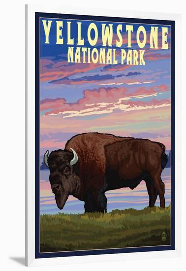 Yellowstone National Park - Bison and Sunset-Lantern Press-Framed Art Print