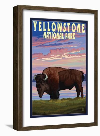 Yellowstone National Park - Bison and Sunset-Lantern Press-Framed Art Print