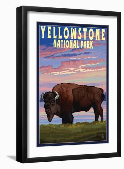 Yellowstone National Park - Bison and Sunset-Lantern Press-Framed Art Print